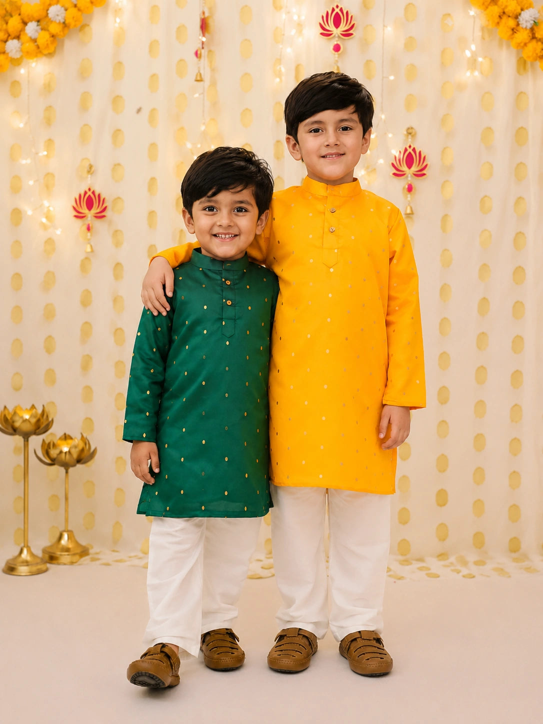 BownBee Festive FullSleeves Silk Kurta Pajama  Sibling Set Orange & Green Combo
