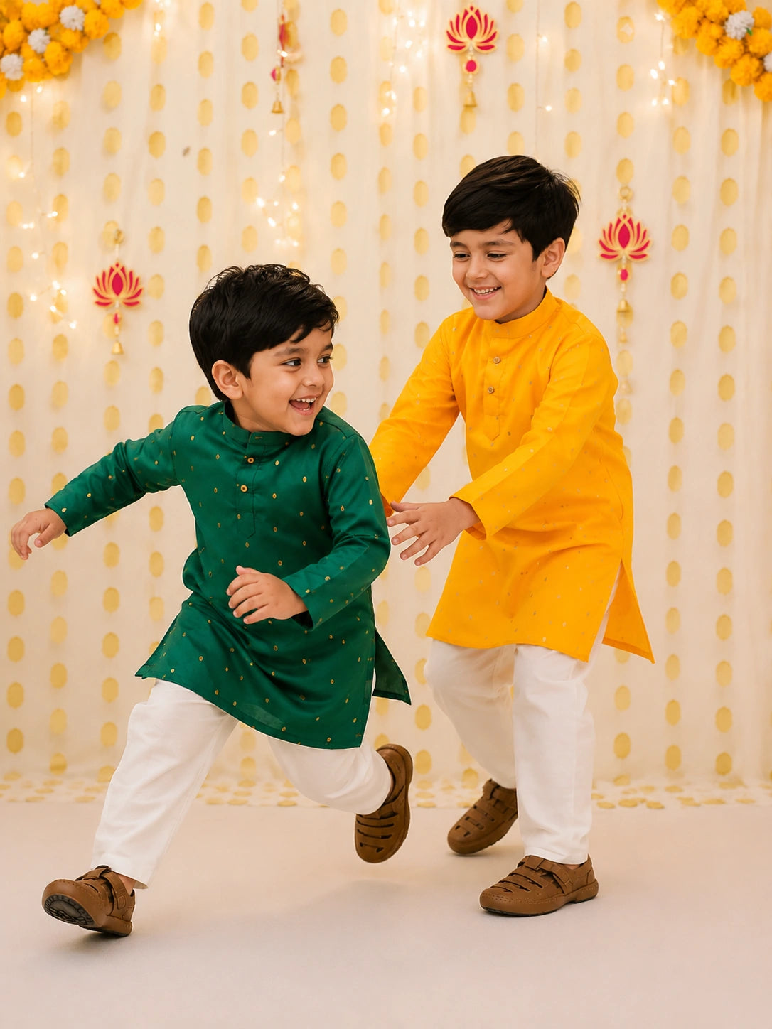 BownBee Festive FullSleeves Silk Kurta Pajama  Sibling Set Orange & Green Combo