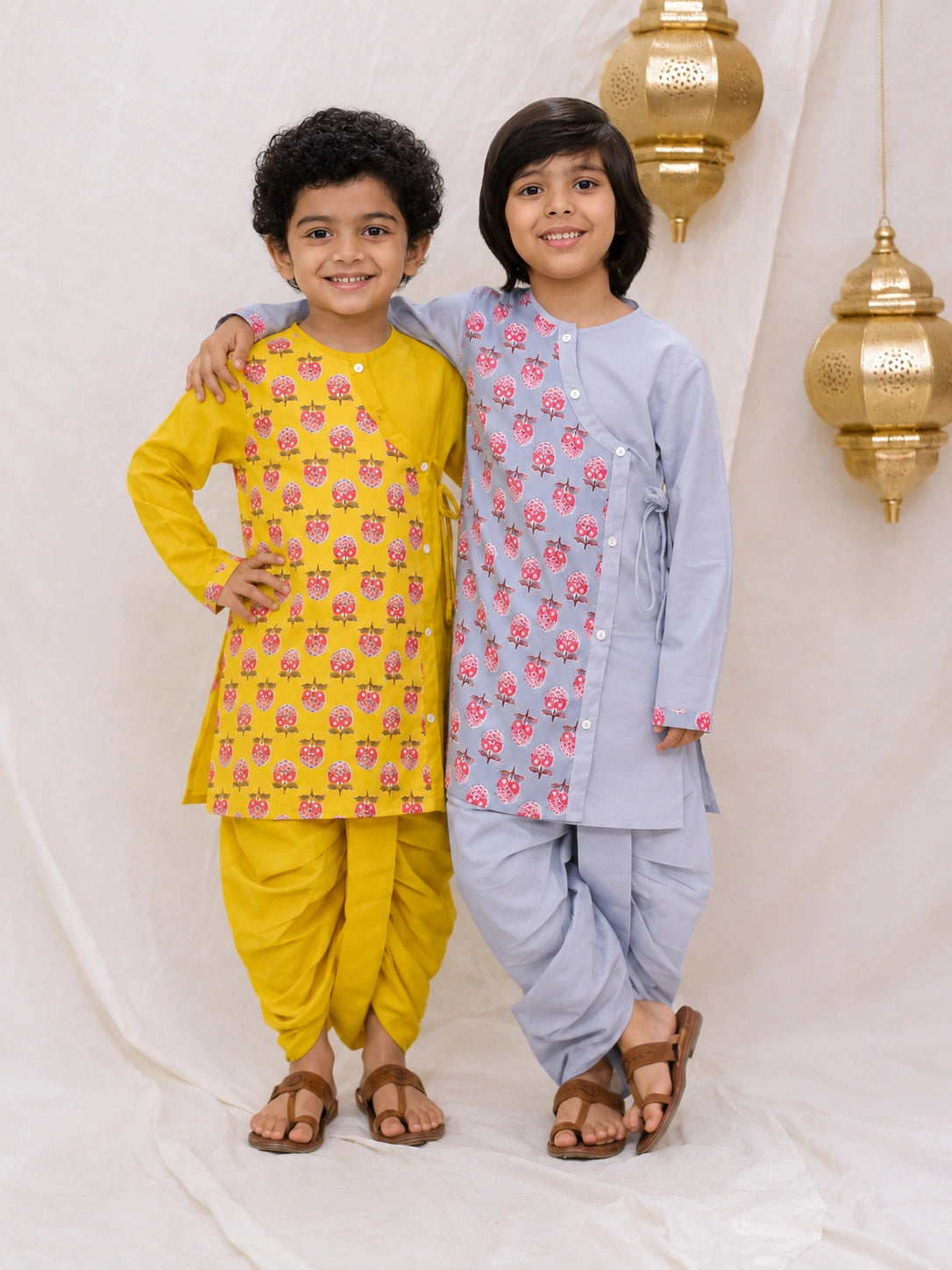 BownBee Fullsleeves Kurta Dhoti Sibling Set Grey & Yellow