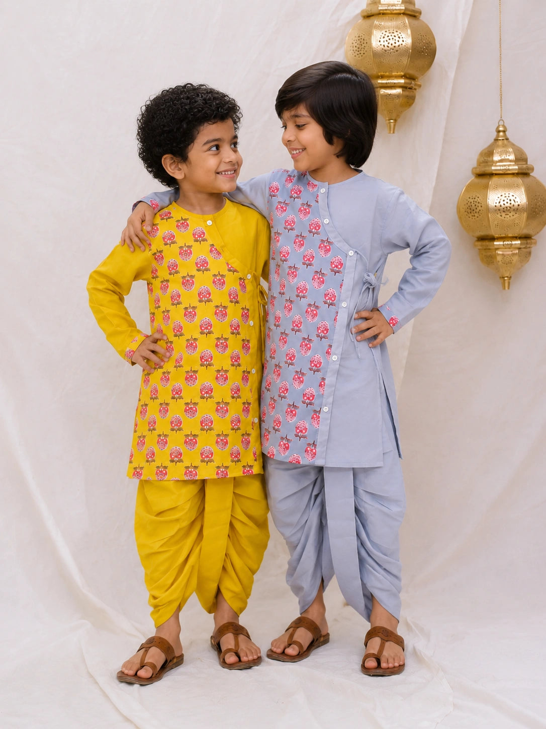 BownBee Fullsleeves Kurta Dhoti Sibling Set Grey & Yellow