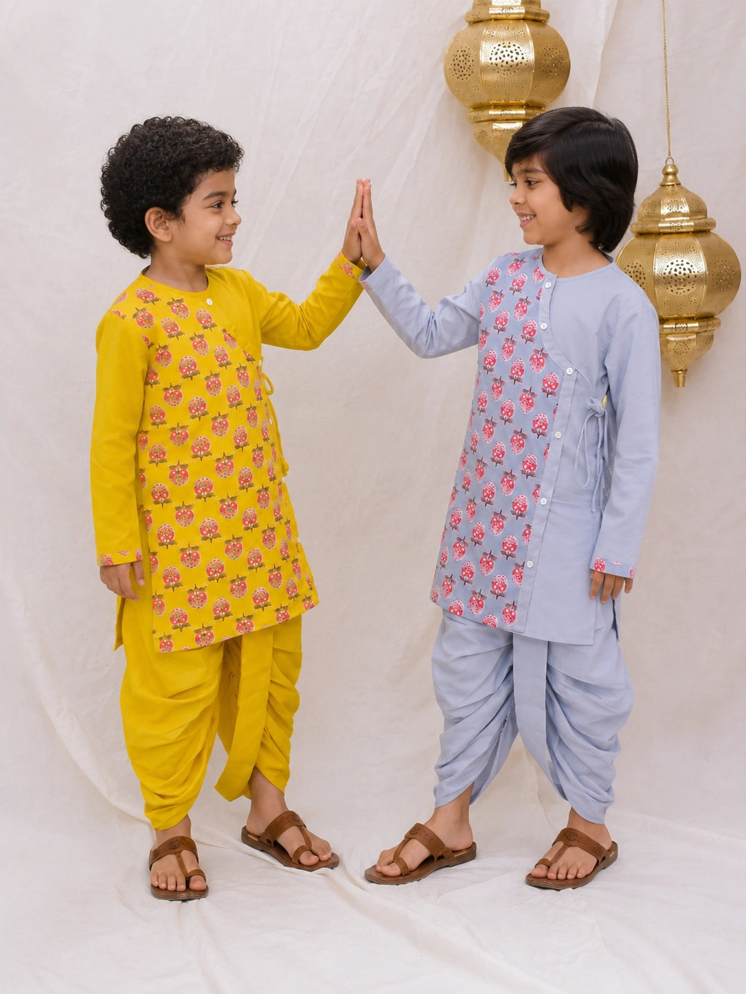BownBee Fullsleeves Kurta Dhoti Sibling Set Grey & Yellow