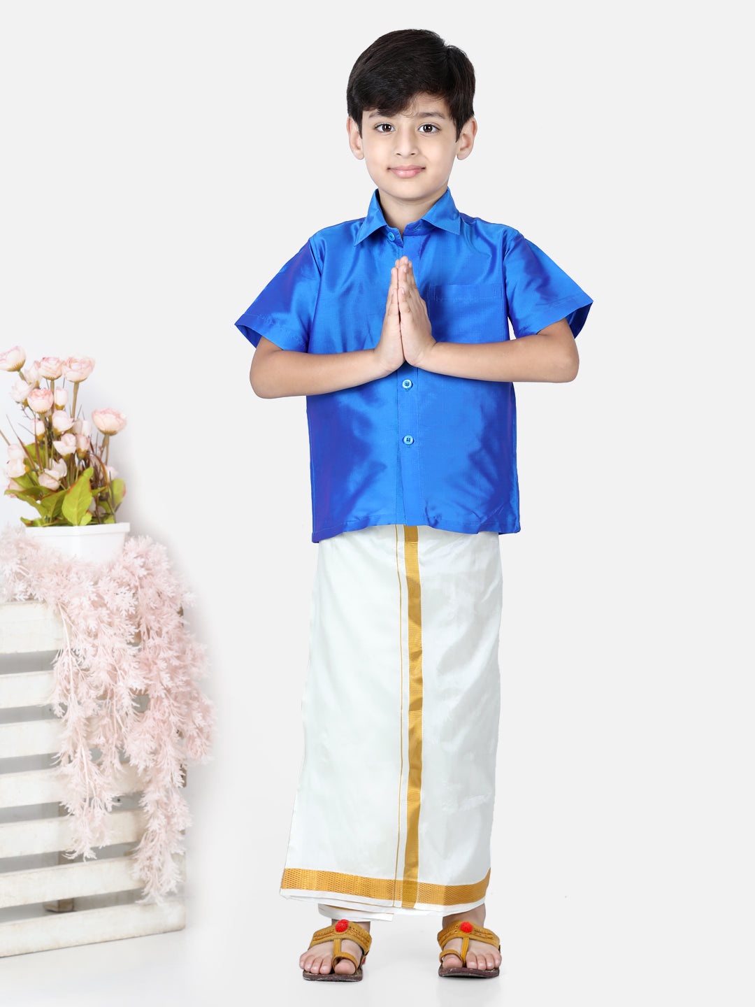 BownBee Half Sleeves Solid Shirt With Mundu Dhoti - Blue