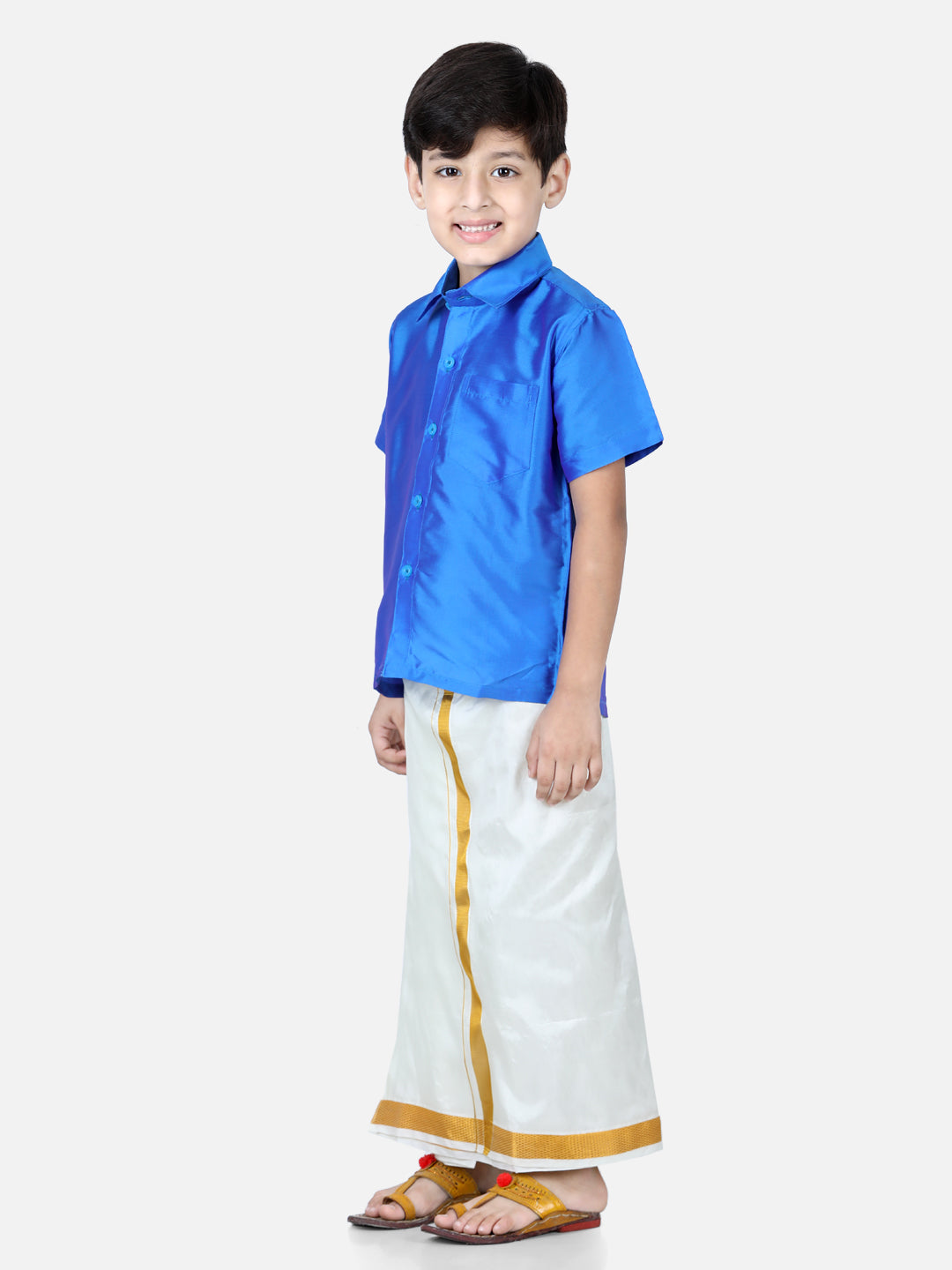 BownBee Half Sleeves Solid Shirt With Mundu Dhoti - Blue