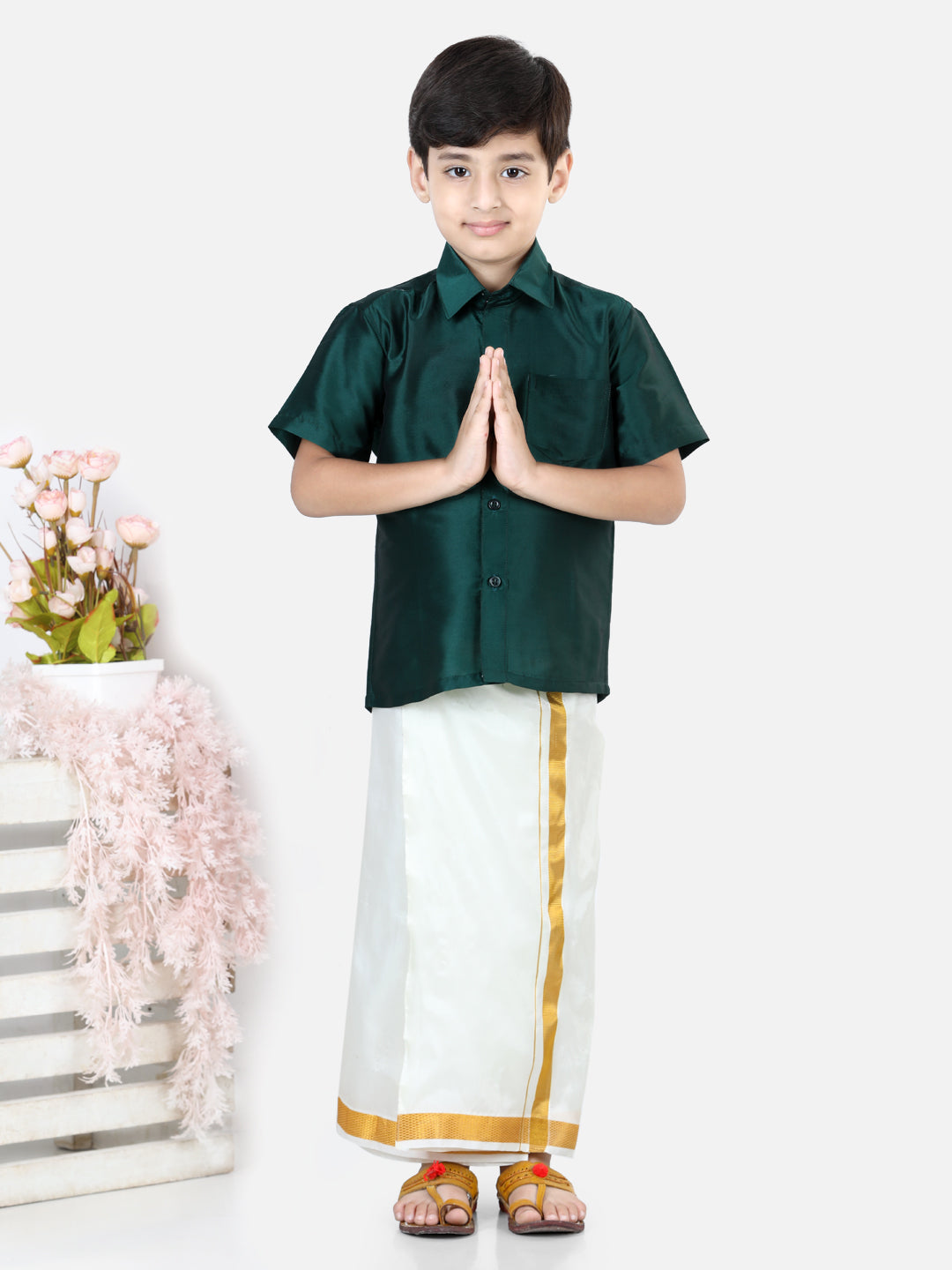 BownBee Half Sleeves Solid Shirt With Mundu Dhoti - Green