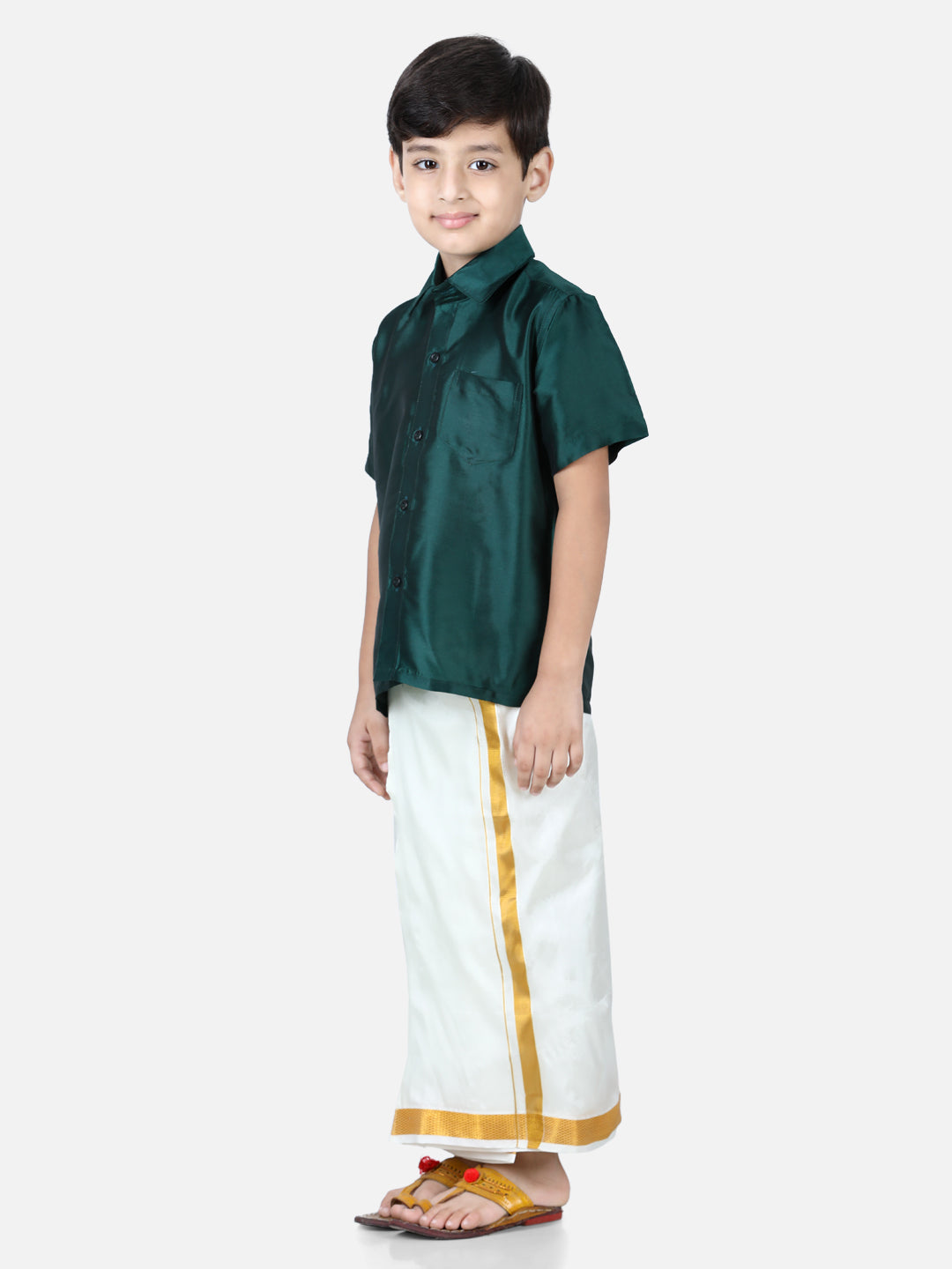 BownBee Half Sleeves Solid Shirt With Mundu Dhoti - Green