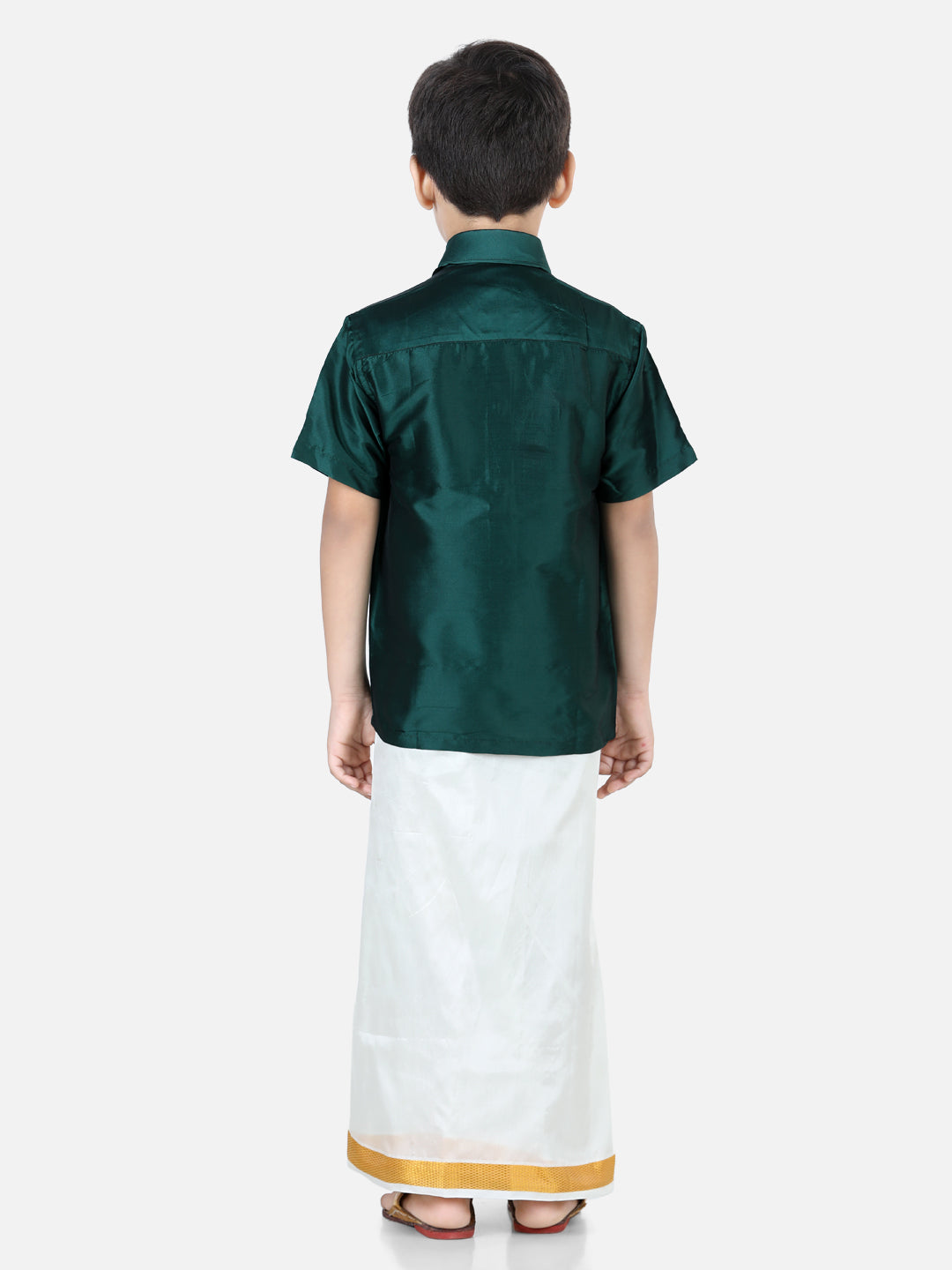 BownBee Half Sleeves Solid Shirt With Mundu Dhoti - Green