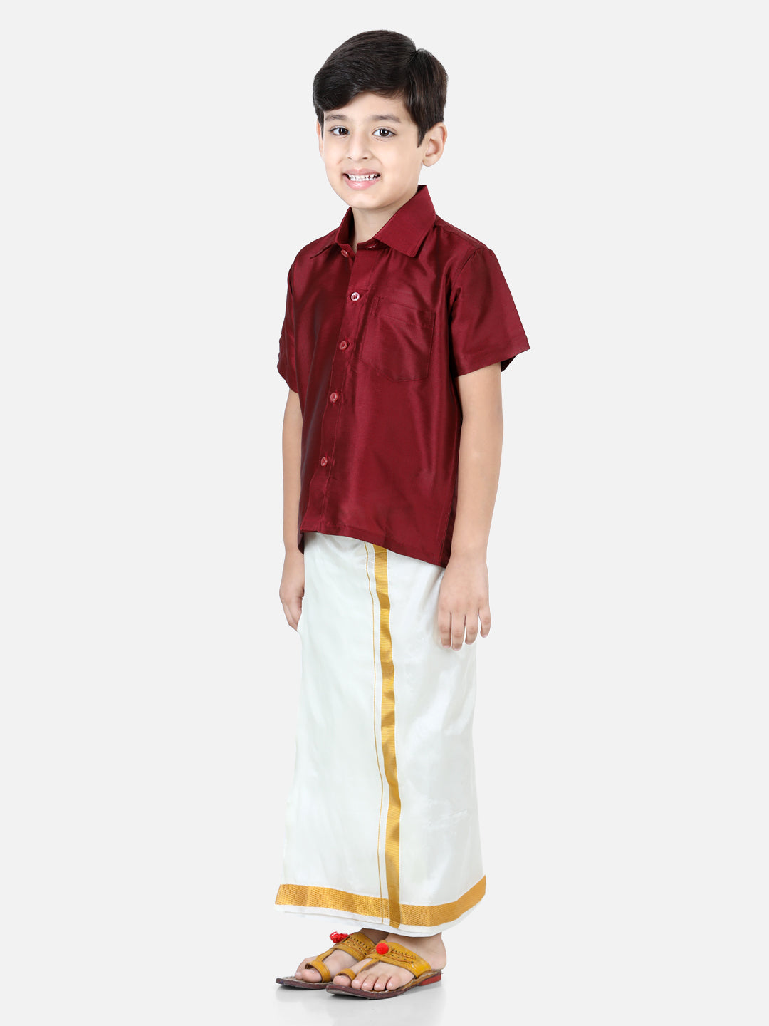 BownBee Half Sleeves Solid Shirt With Mundu Dhoti - Maroon