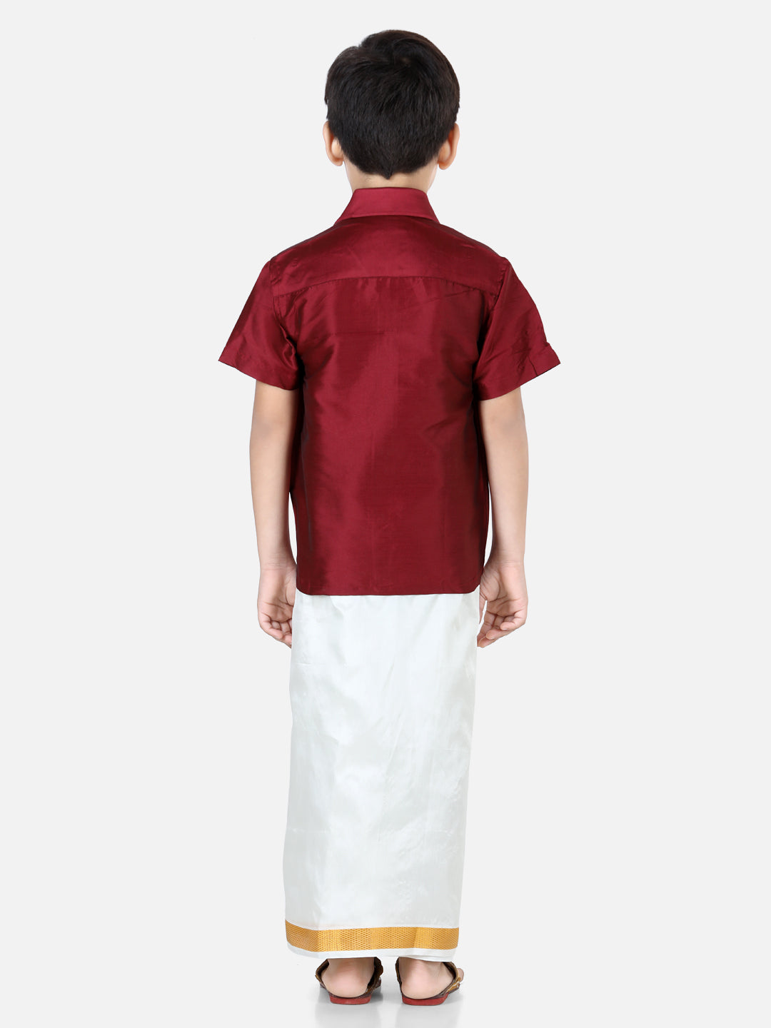 BownBee Half Sleeves Solid Shirt With Mundu Dhoti - Maroon