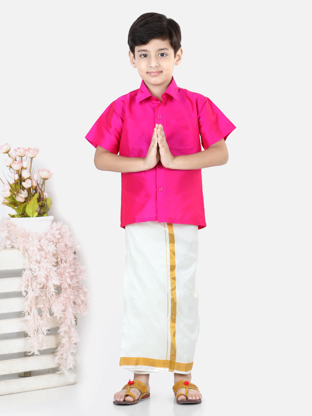 BownBee Half Sleeves Solid Shirt With Mundu Dhoti - Pink