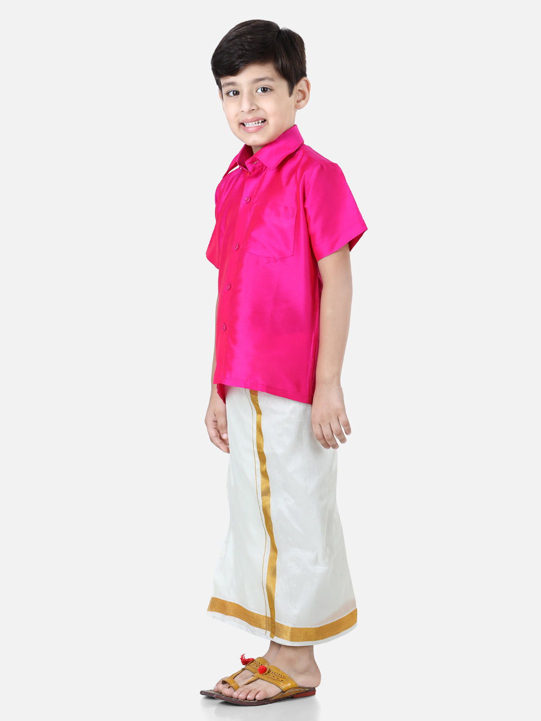 BownBee Half Sleeves Solid Shirt With Mundu Dhoti - Pink