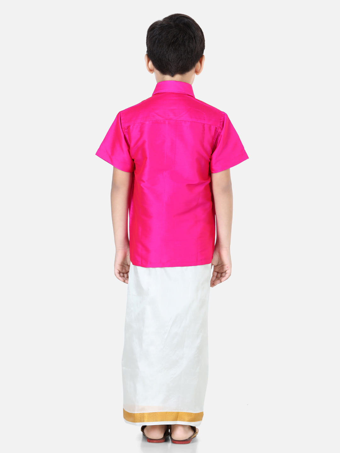 BownBee Half Sleeves Solid Shirt With Mundu Dhoti - Pink