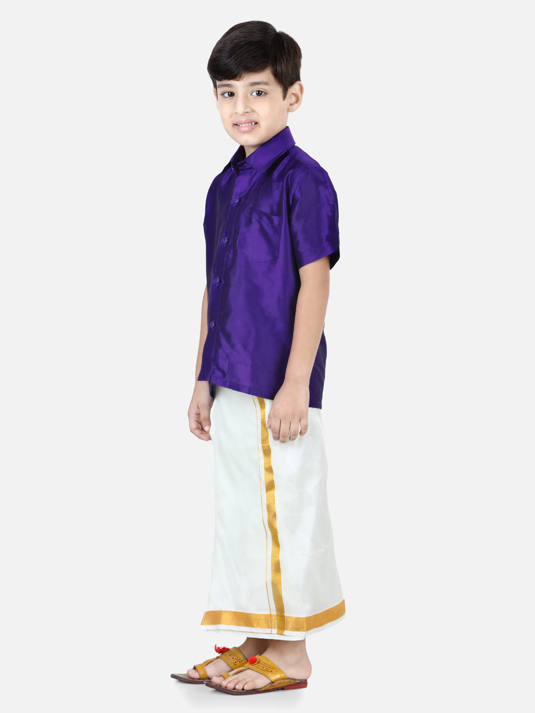 BownBee Half Sleeves Solid Shirt With Mundu Dhoti - Purple