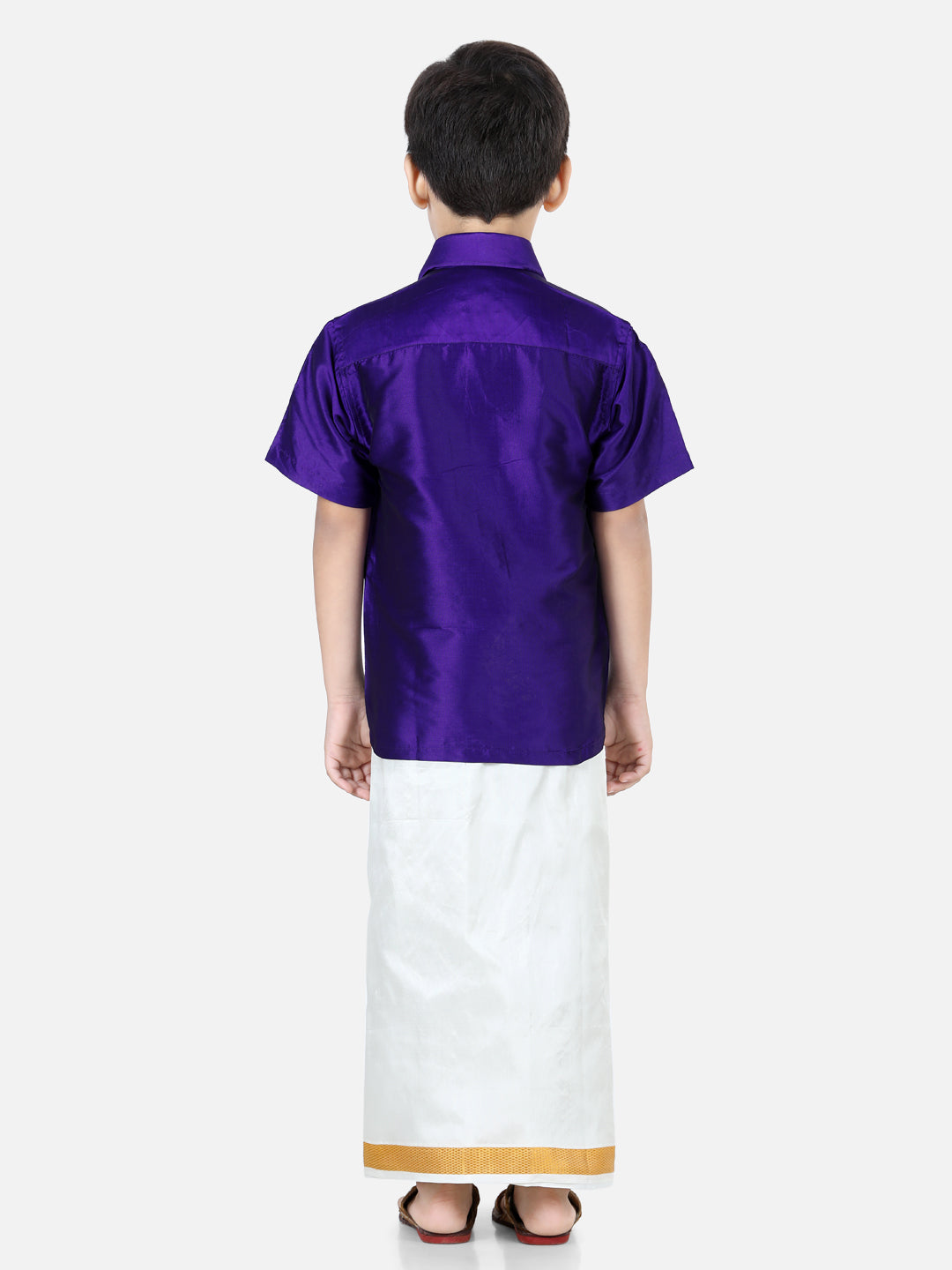 BownBee Half Sleeves Solid Shirt With Mundu Dhoti - Purple