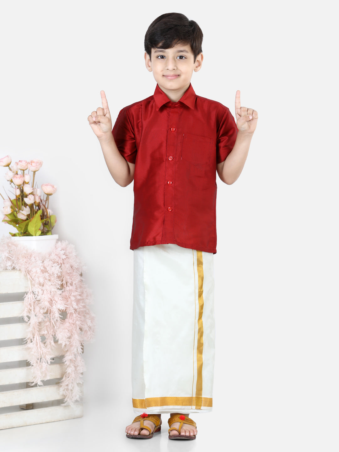 BownBee Half Sleeves Solid Shirt With Mundu Dhoti - Red