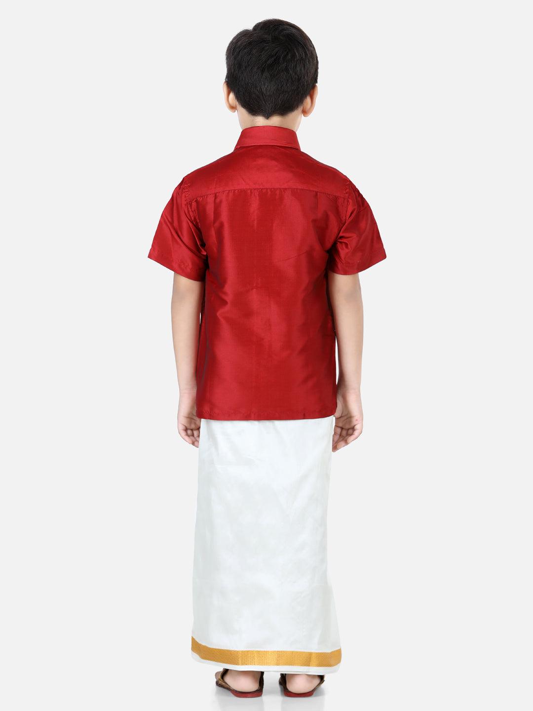 BownBee Half Sleeves Solid Shirt With Mundu Dhoti - Red