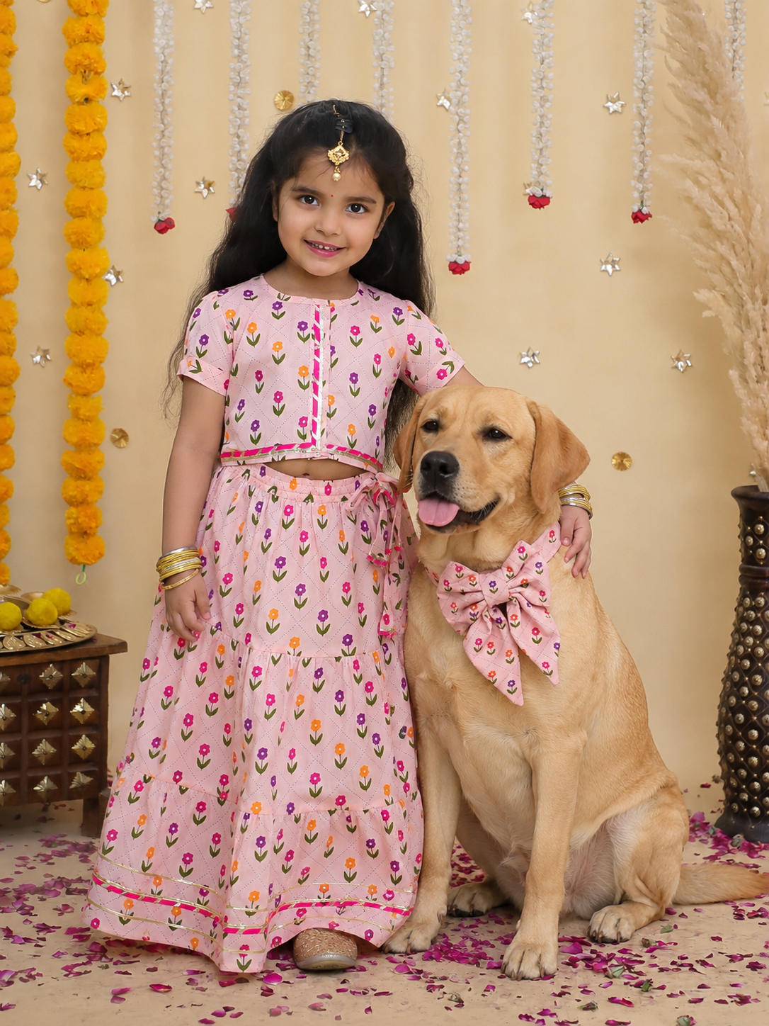 BownBee Pure Cotton Lehenga Choli & Bow-Tie Collar Set Combo