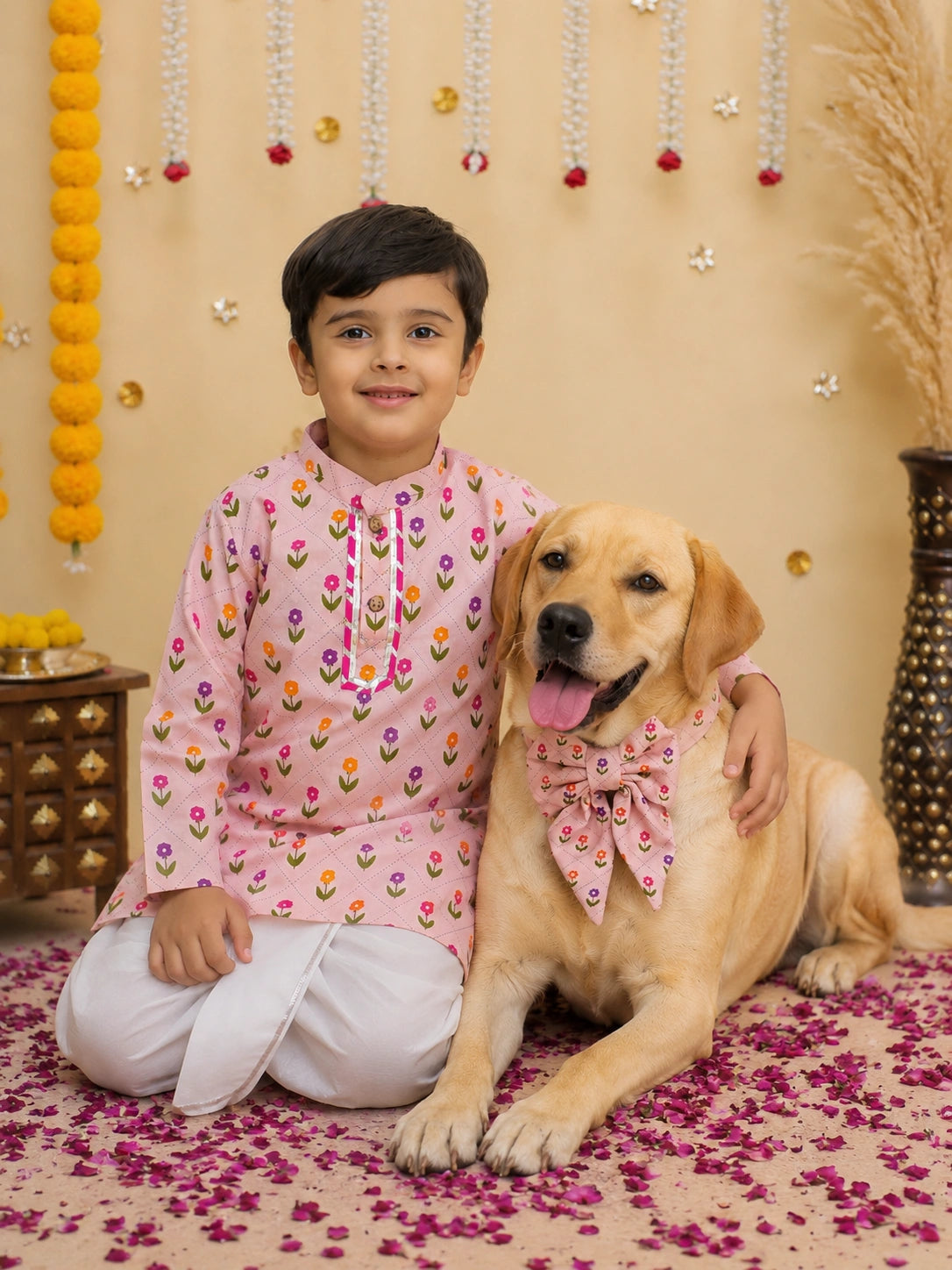 BownBee Pure Cotton Dhoti Kurta & Bow-Tie Collar Set Combo