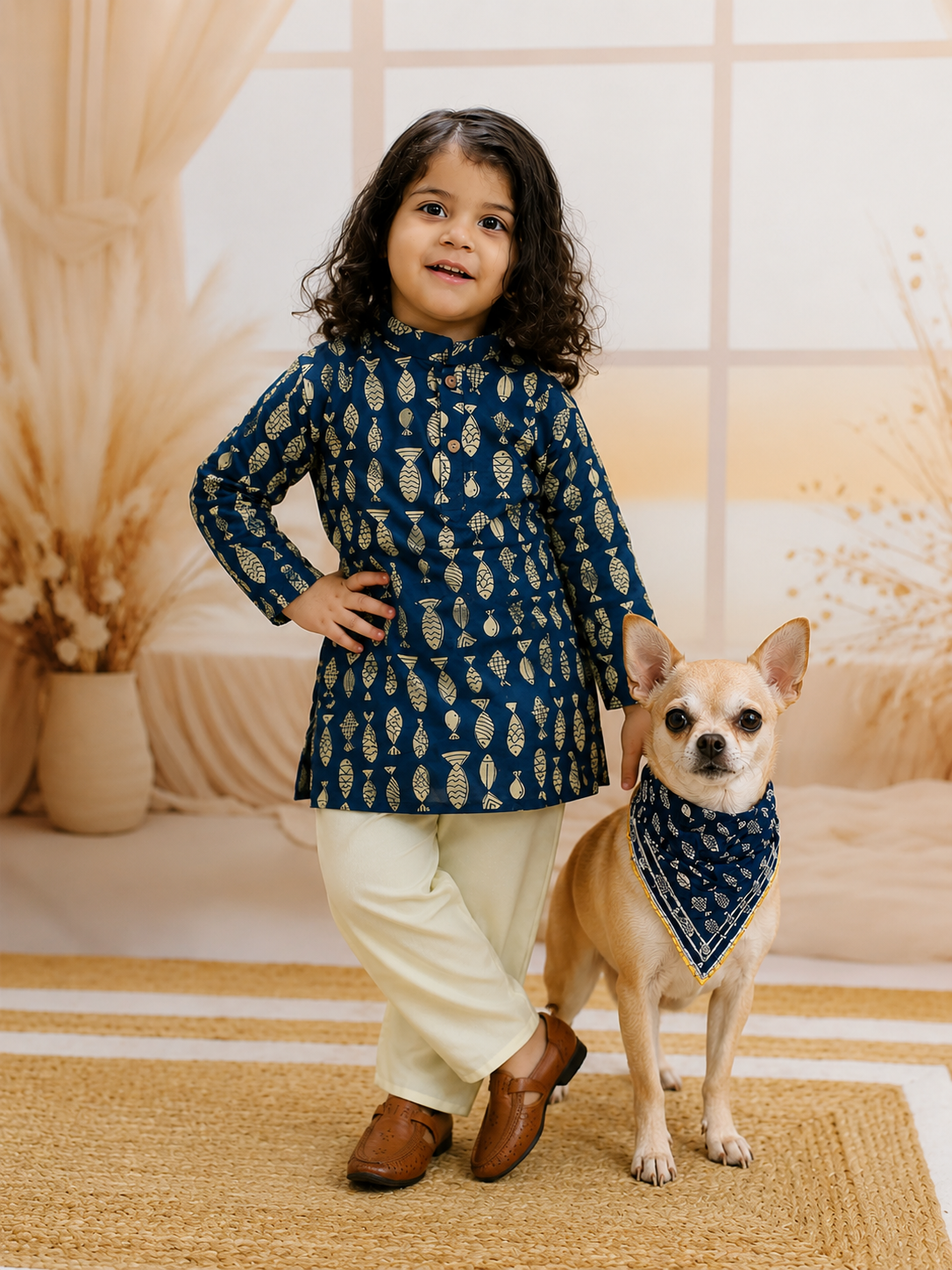 BownBee Pure Cotton Kurta Pajama & Bandana Set Combo
