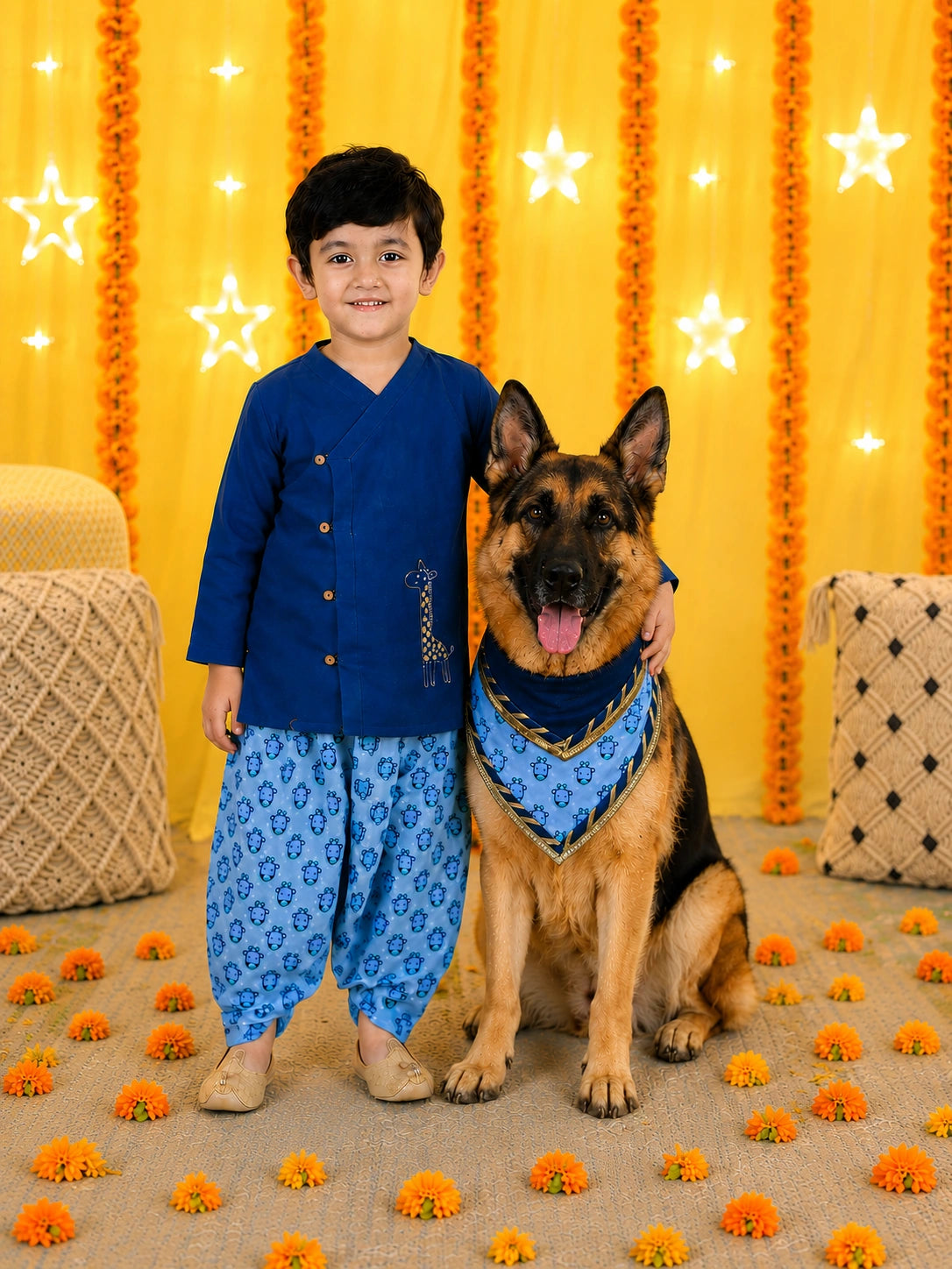 BownBee Pure Cotton Embroidered Dhoti Kurta & Bandana Set Combo