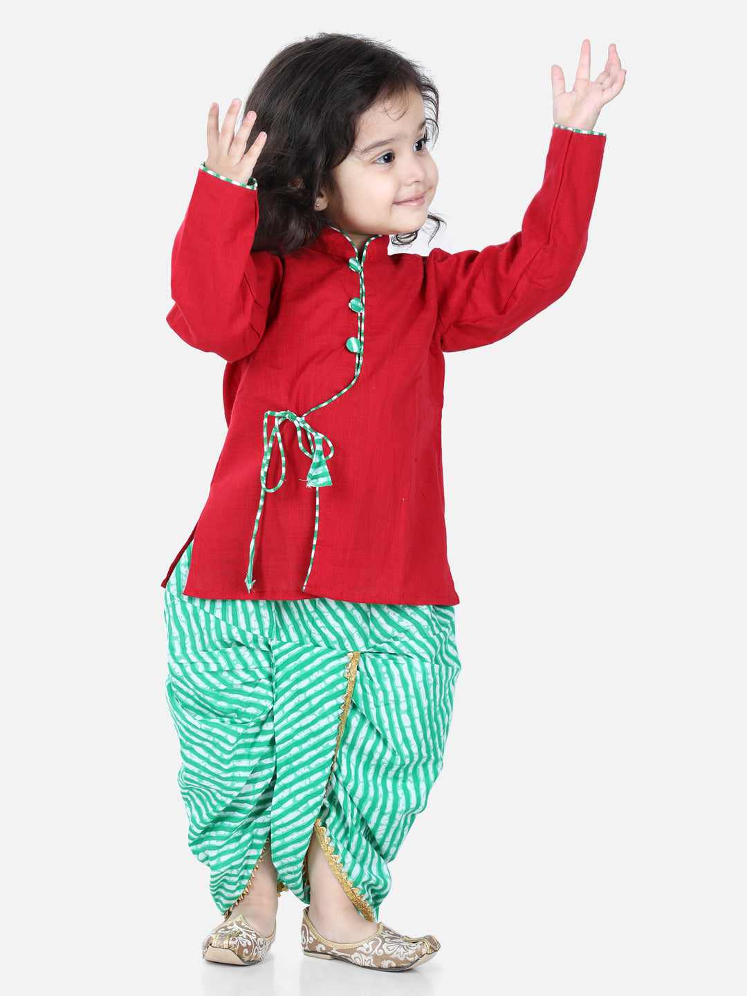 BownBee Boys Cotton Full Sleeves Kurta With Front Tie Up And Golden Laced Up Kurta Dhoti Sets