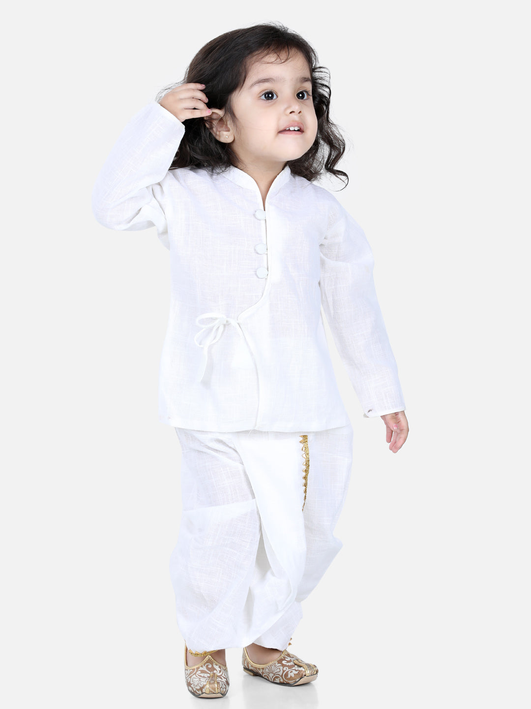BownBee Boys Cotton Full Sleeves Kurta With Front Tie Up And Golden Laced Up Kurta Dhoti Sets