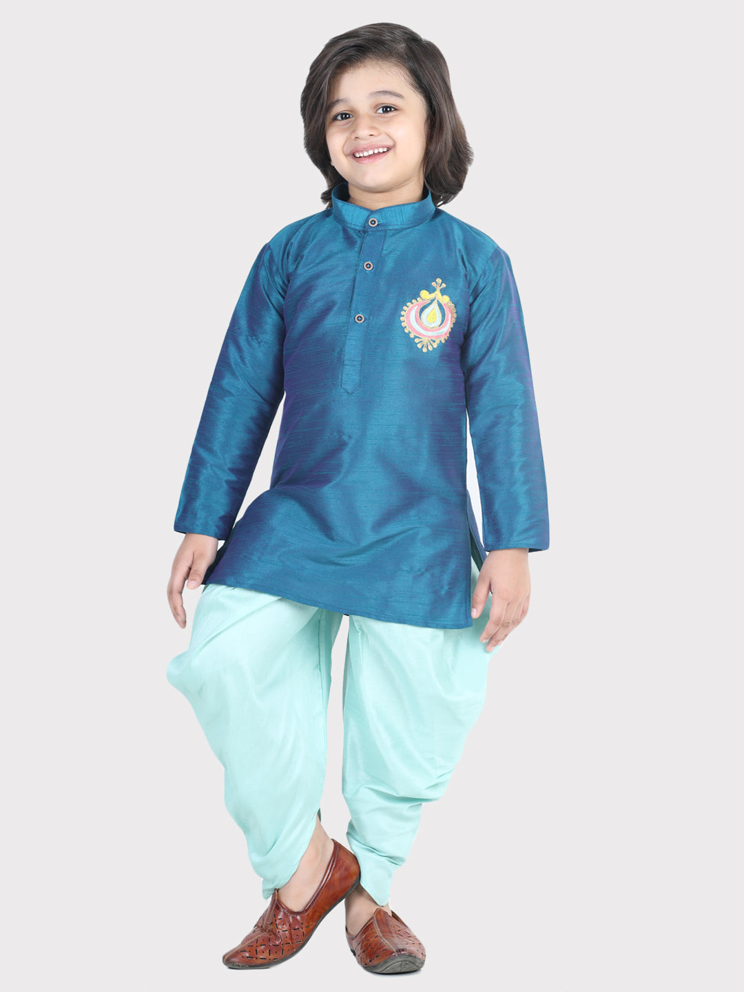 BownBee Sibling Hand Embroidered Dhoti Kurta and Silk Indo Western Dhoti  Blue