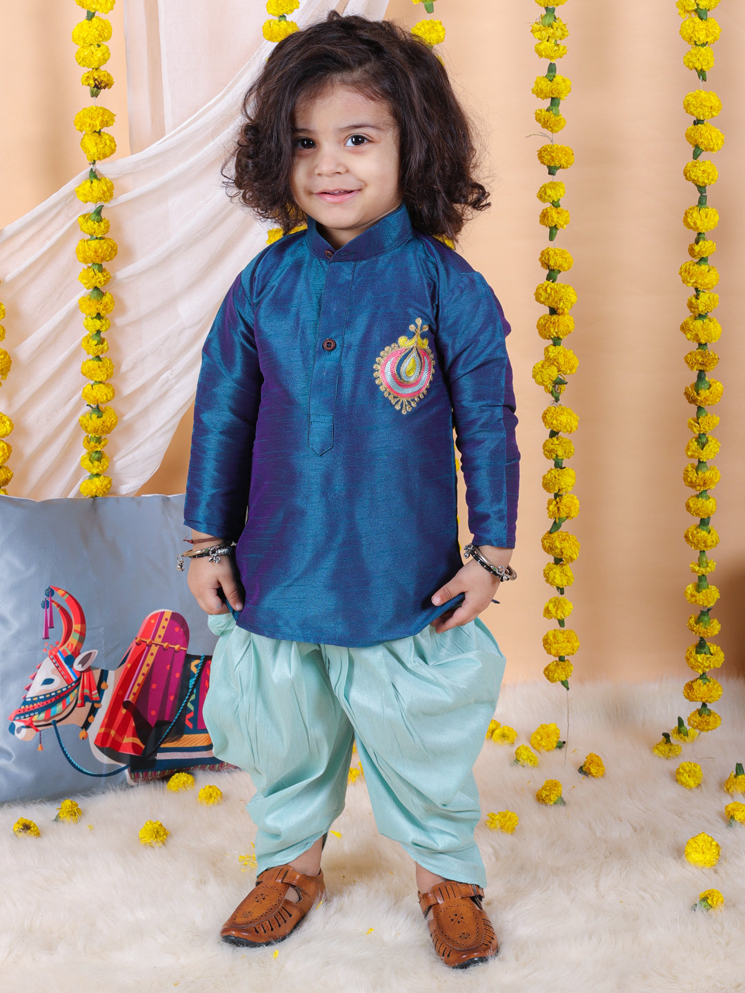 BownBee Boys Hand Embroidered Silk Dhoti Kurta - Blue