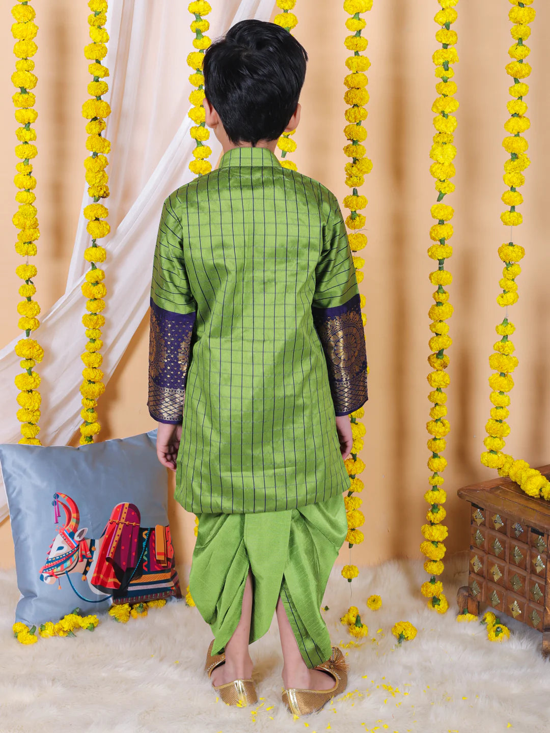 BownBee Boys Ethnic Full Sleeve Silk Border Dhoti Kurta
