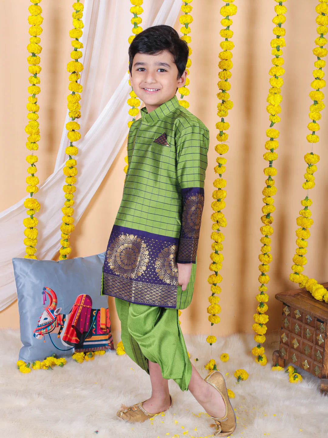BownBee Boys Ethnic Full Sleeve Silk Border Dhoti Kurta