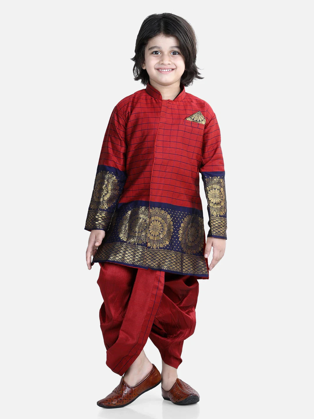 BownBee Full Sleeves Checked Heavy Silk Hem Detailed Kurta With Dhoti Sets