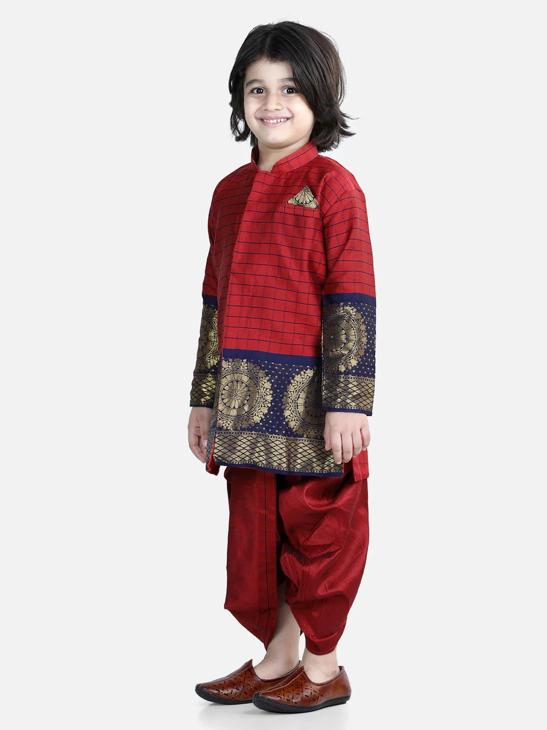 BownBee Full Sleeves Checked Heavy Silk Hem Detailed Kurta With Dhoti Sets