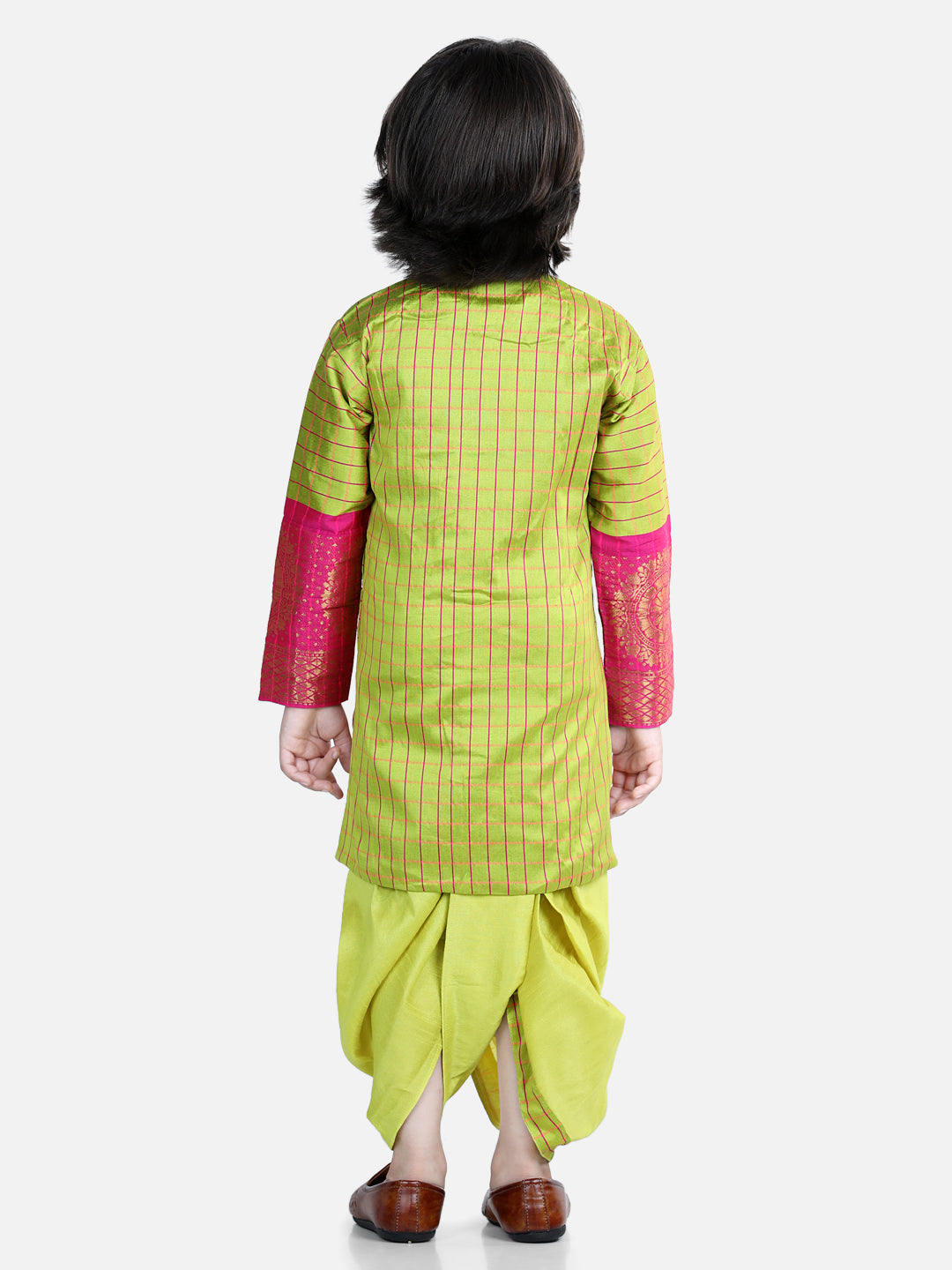 BownBee Sibling  Red & Blue Sherwani Dhoti Half Sleeve South Indian Pavda Pattu Lehenga Set-Yellow
