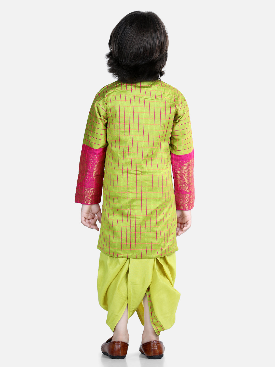 BownBee Sibling set Full Sleeve Silk Border Dhoti Kurta and Half Sleeve South Indian Pavda Pattu Lehenga- Light Green