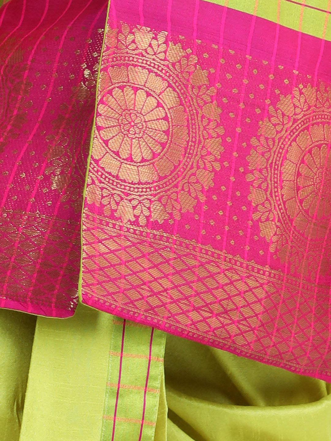BownBee Sibling set Full Sleeve Silk Border Dhoti Kurta and Half Sleeve South Indian Pavda Pattu Lehenga- Light Green