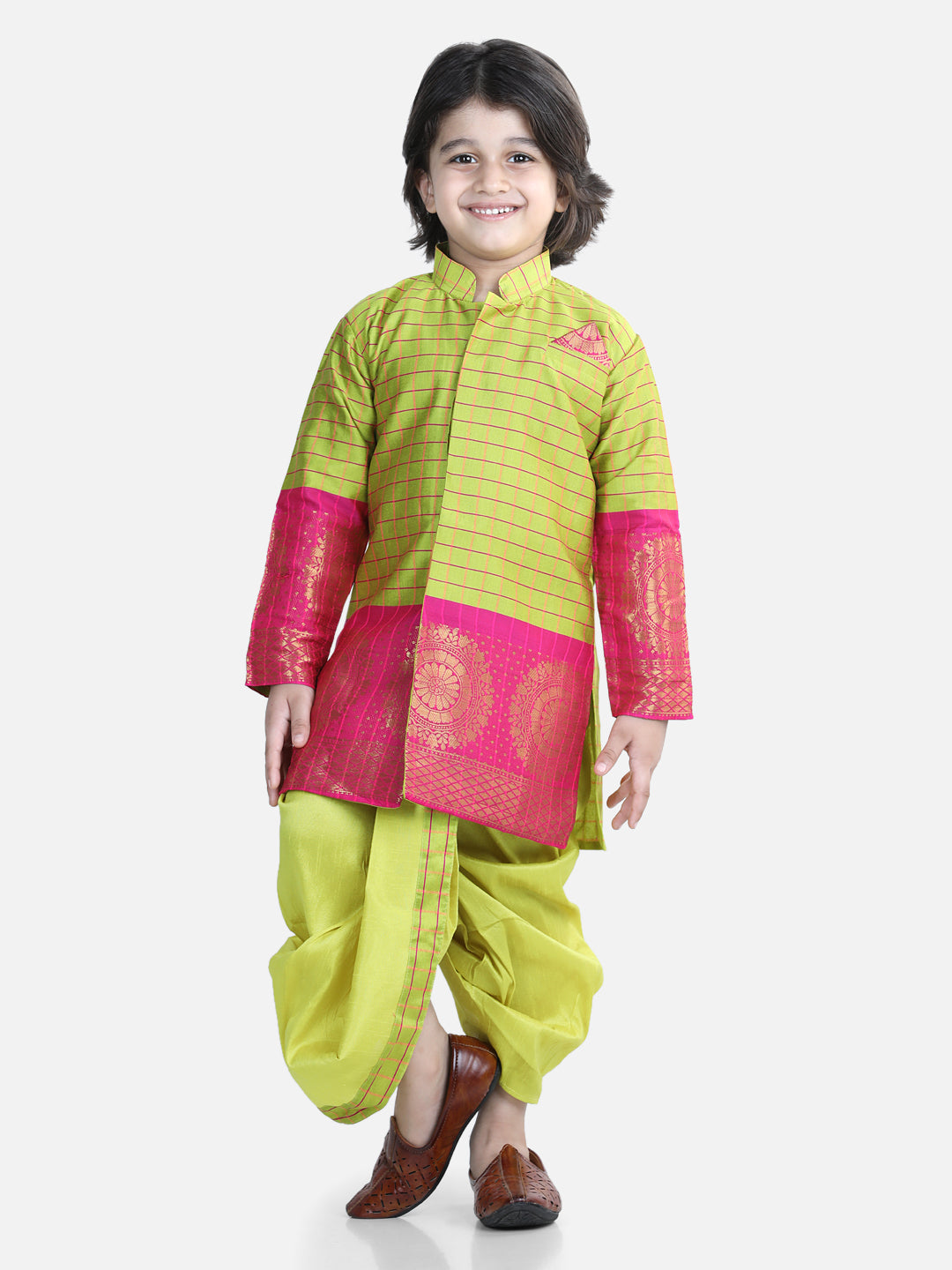 BownBee Sibling set Full Sleeve Silk Border Dhoti Kurta and Half Sleeve South Indian Pavda Pattu Lehenga- Light Green
