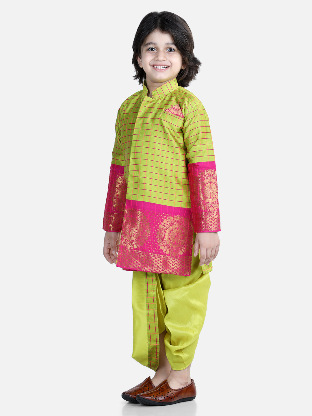BownBee Sibling set Full Sleeve Silk Border Dhoti Kurta and Half Sleeve South Indian Pavda Pattu Lehenga- Light Green