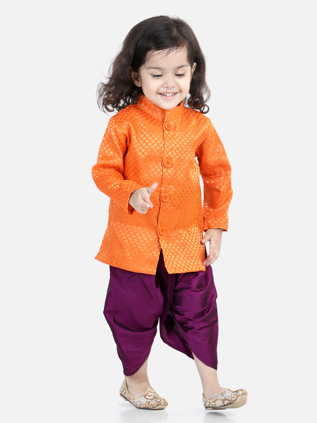 BownBee Sibling Jacquard Full Sleeve Sherwani Dhoti and Top with Dhoti-Orange