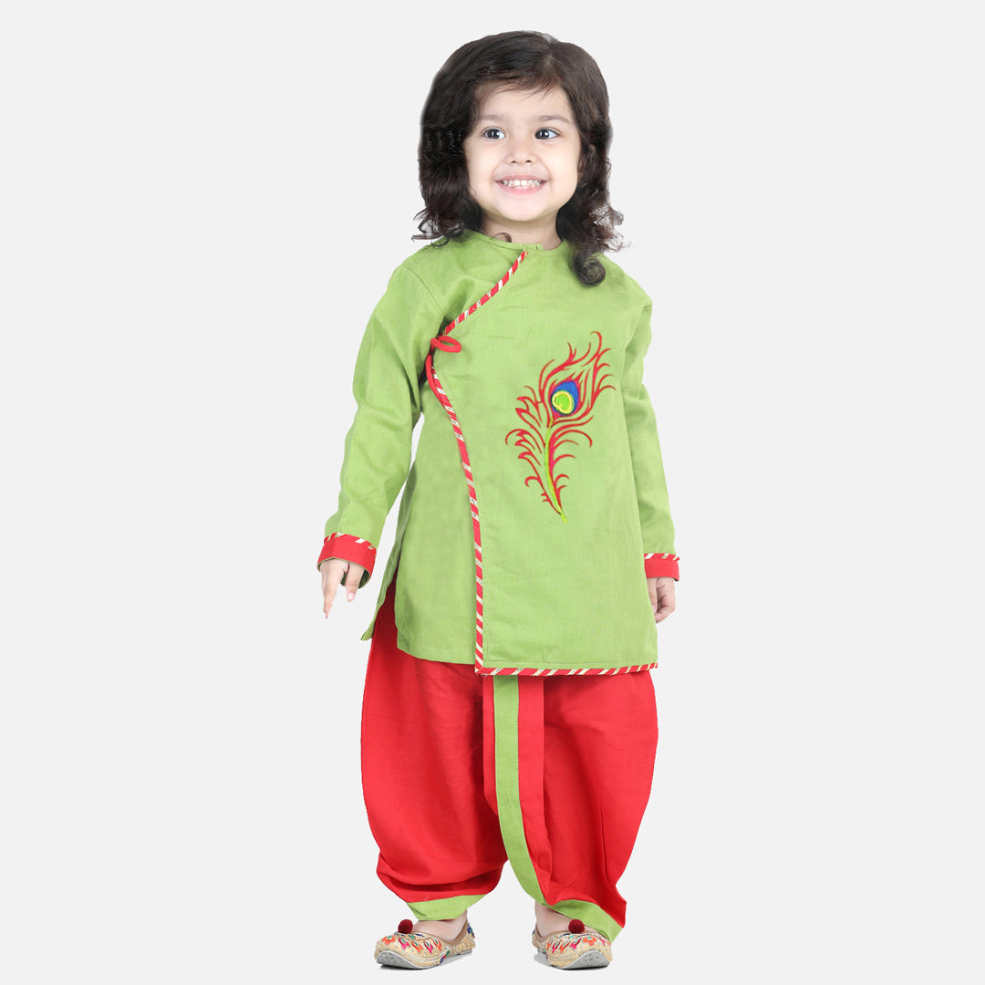 BownBee Cotton Embroidery Dhoti Kurta for Boys-Green Cotton Embroidery Top Dhoti for Girls-Green