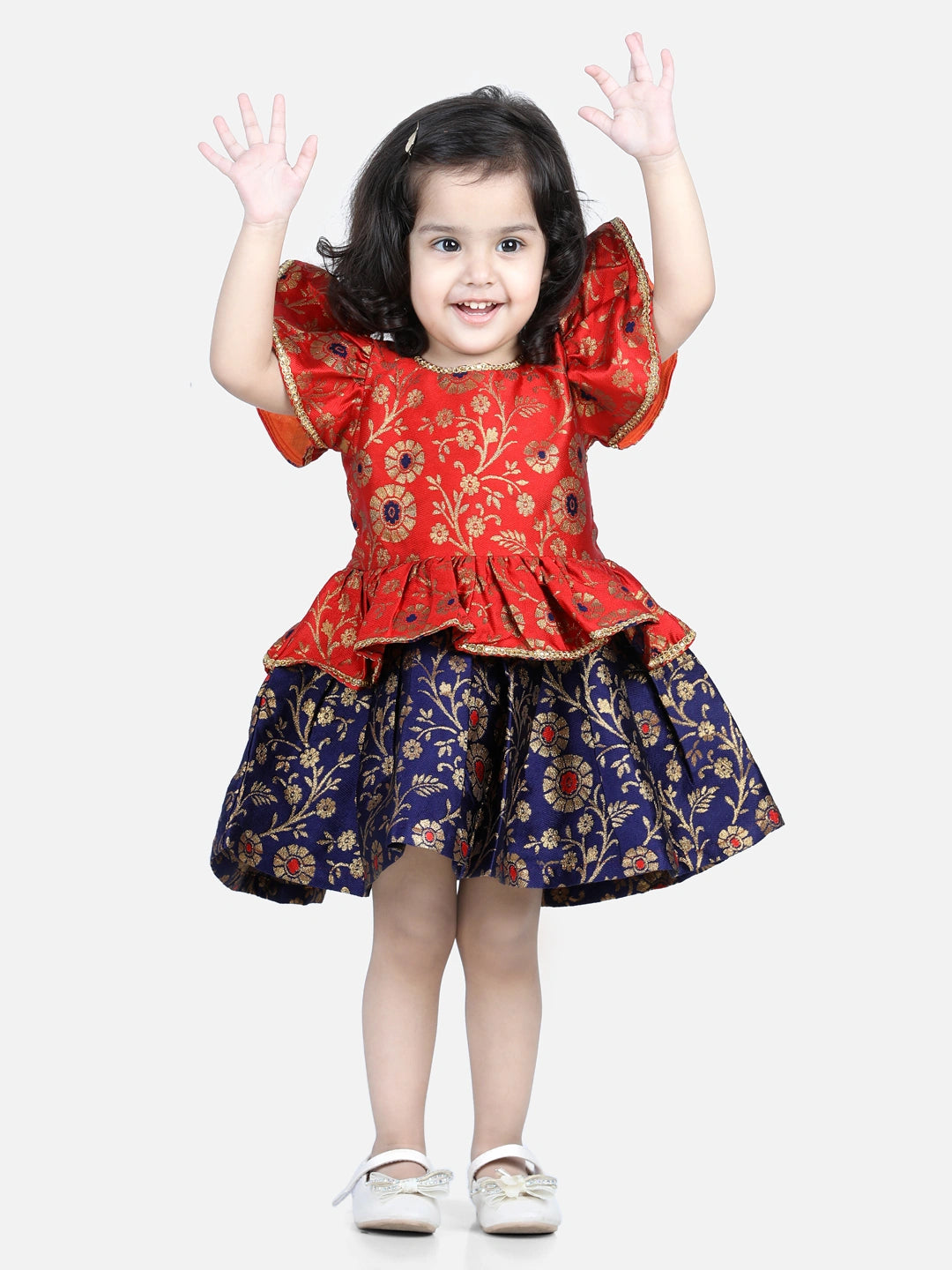 BownBee Short Flutter Sleeves Floral Foil Printed Ruffle Detail Party Dress