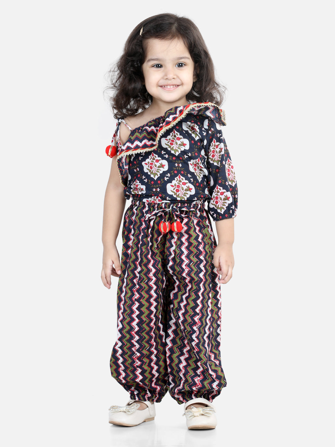 BownBee One Sleeve Ruffle Pure Cotton Top with Harem for Girls- Black