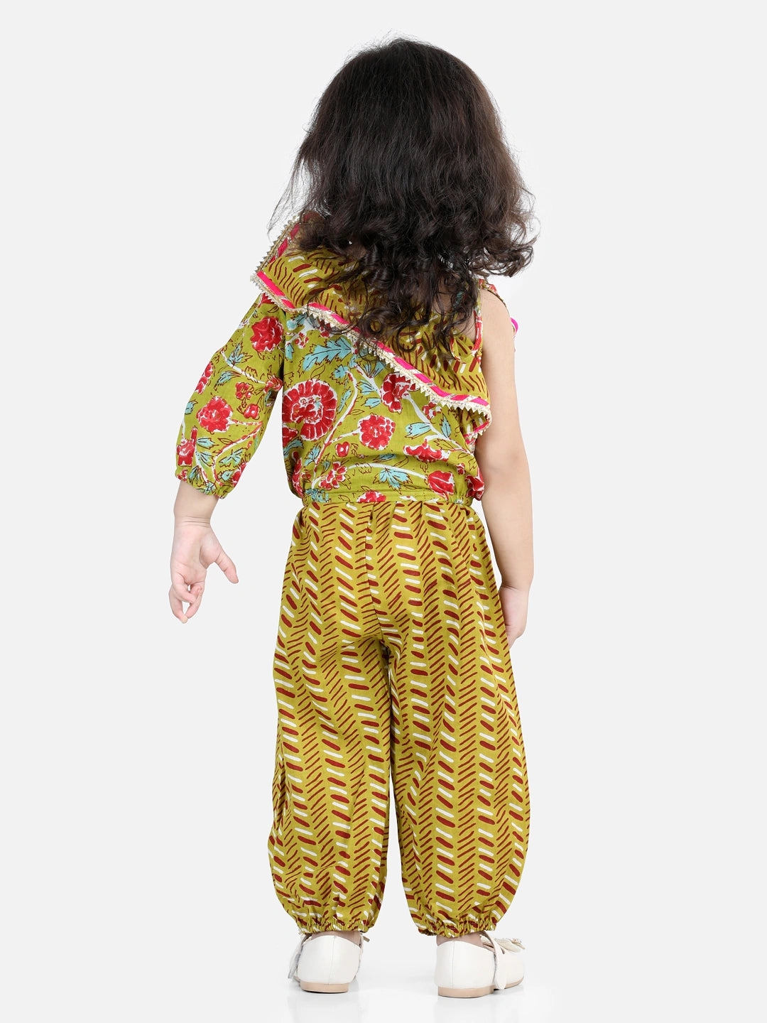 BownBee One Sleeve Ruffle Pure Cotton Top With Harem Pants