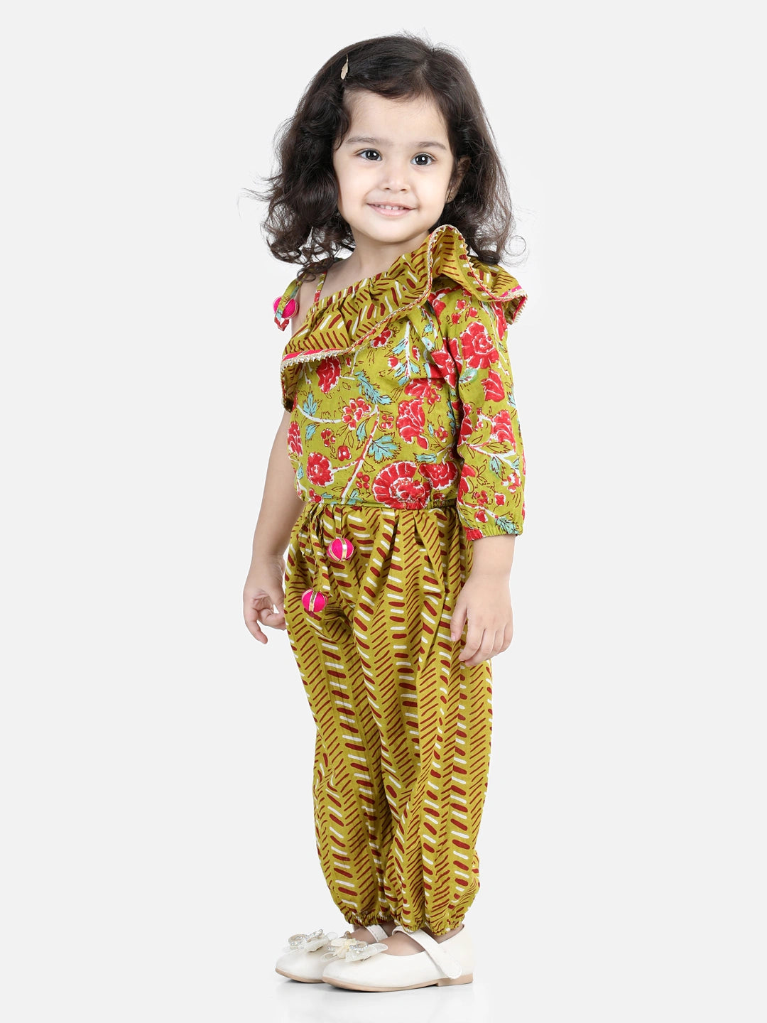 BownBee One Sleeve Ruffle Pure Cotton Top With Harem Pants