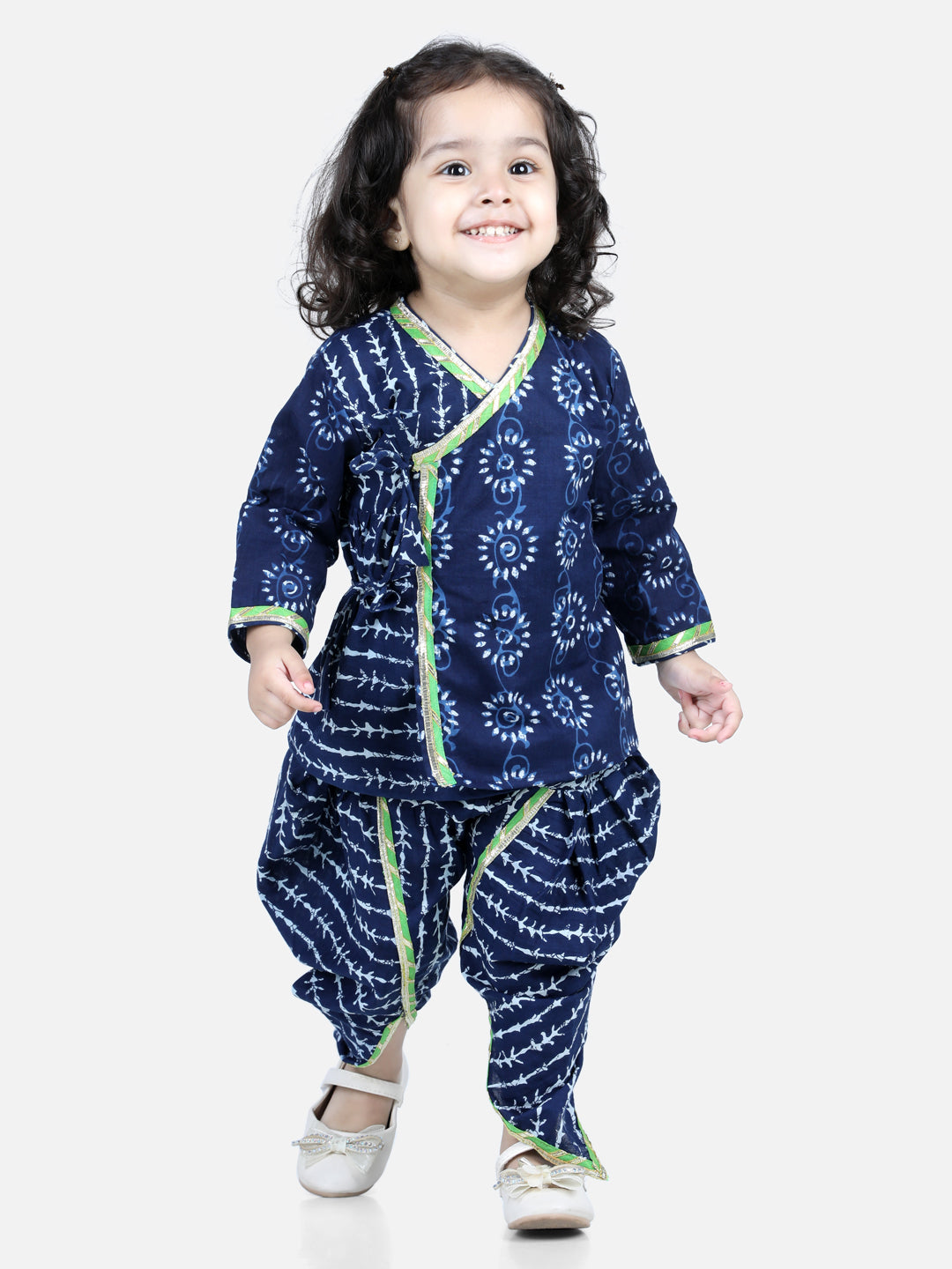 BownBee Front Open Pure Cotton Angrakha Top Dhoti for Girls- Indigo