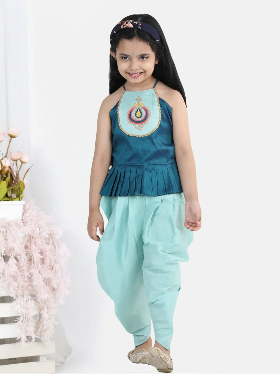 BownBee Hand Embroidered Grecian Neck Top Dhoti For Girls