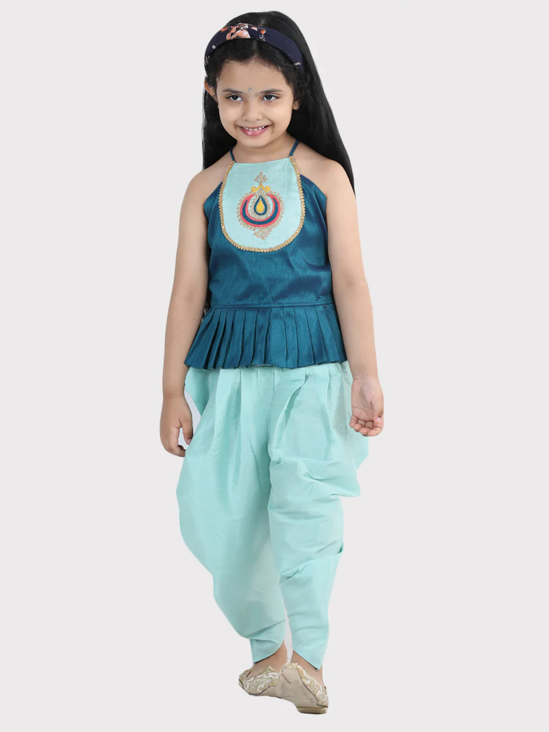 BownBee Hand Embroidered Grecian Neck Top Dhoti For Girls