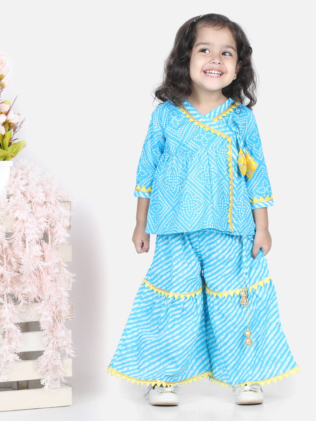 BownBee Block Print Cotton Angrakha With Sharara-Blue