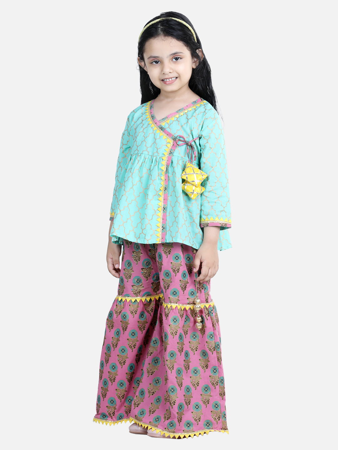 BownBee Block Print Cotton Angrakha With Sharara-Green