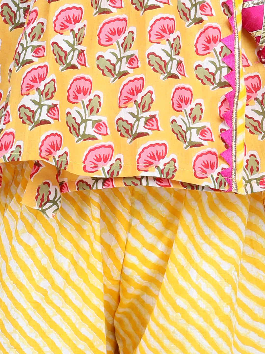 BownBee Block Print Cotton Angrakha With Sharara- Yellow