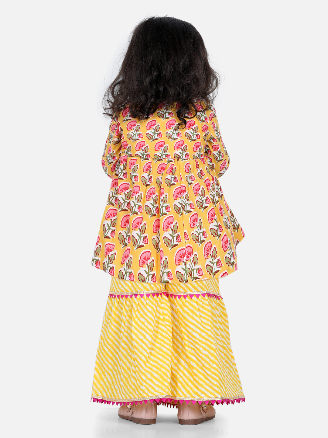 BownBee Block Print Cotton Angrakha With Sharara- Yellow