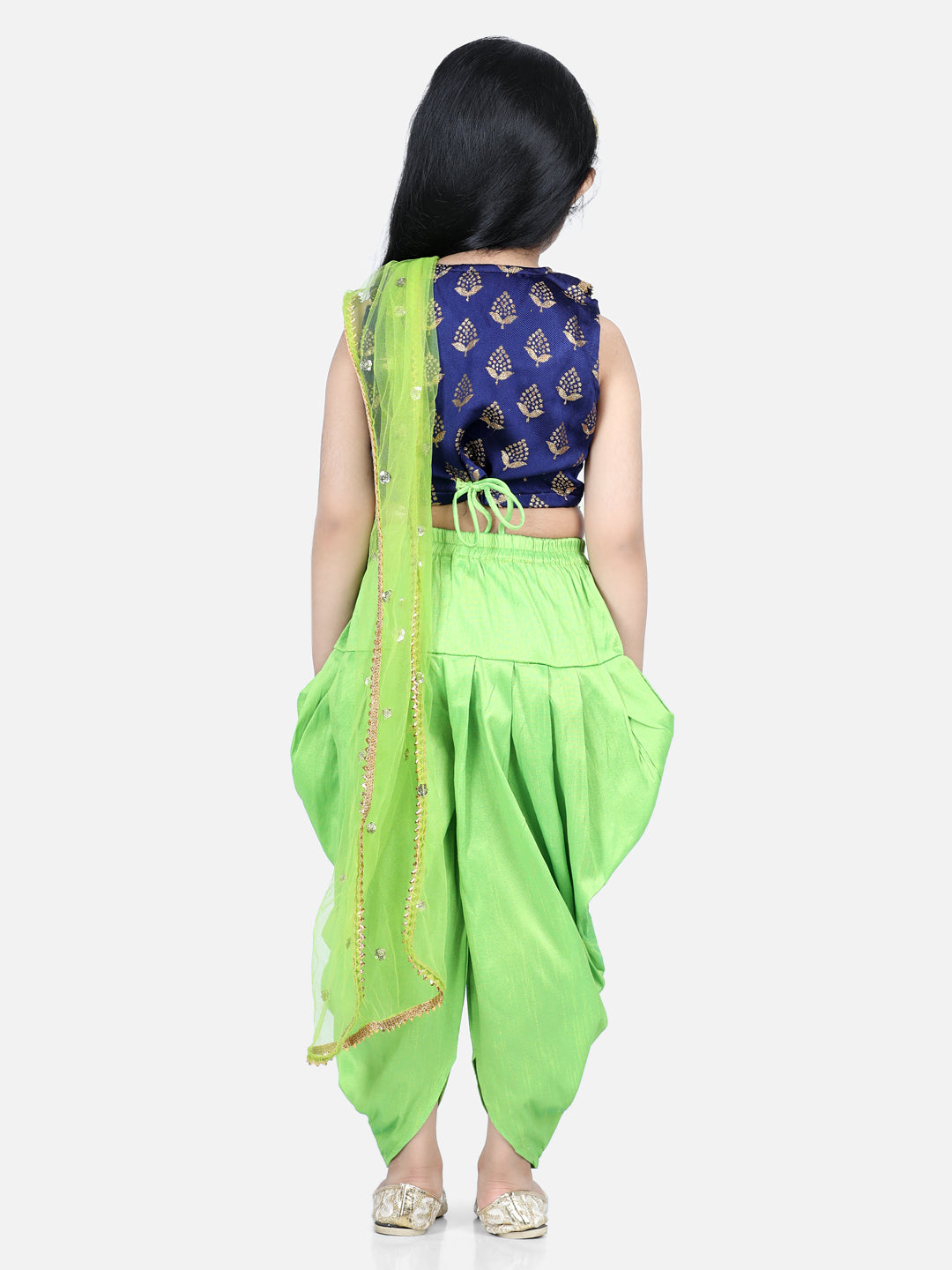 BownBee Sibling set Full Sleeve Jacquard Sherwani and Jacquard Top and Dhoti with attached Dupatta-Blue